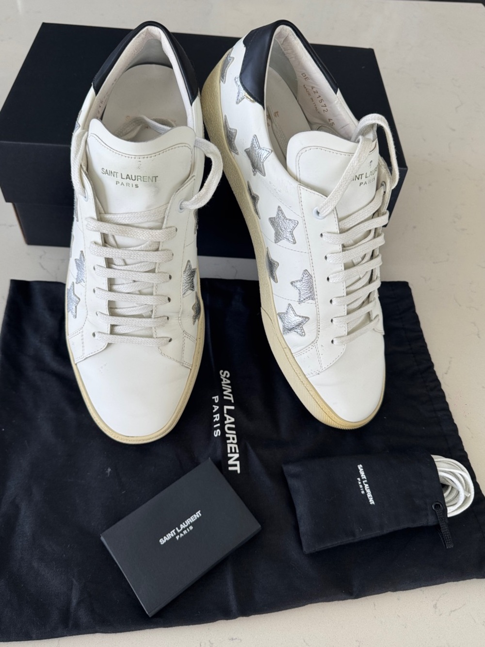 Saint Laurent White Leather Low-Top Sneakers with Silver Star Details